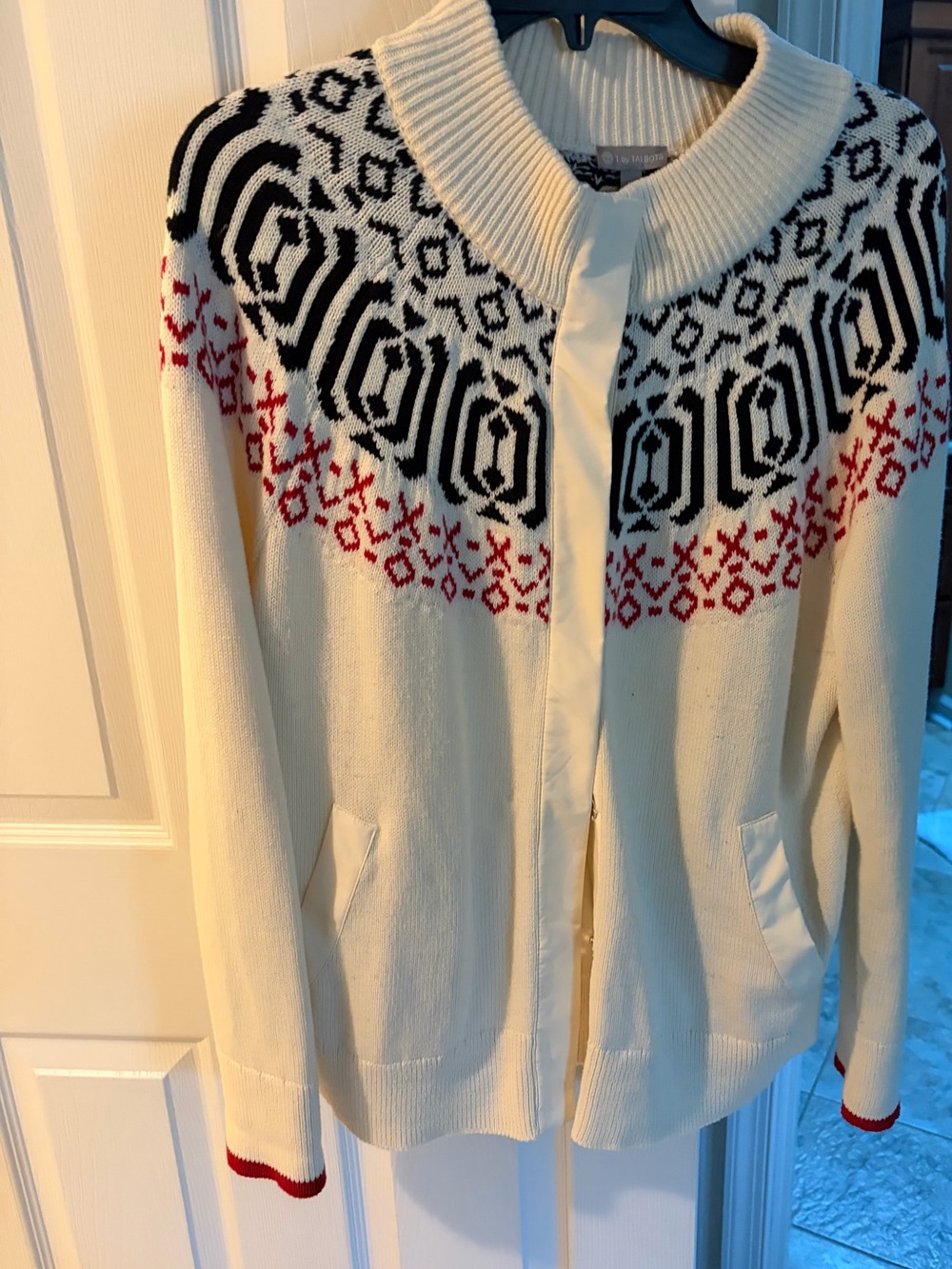 Talbots Classic Ivory Fair Isle Cardigan Sweater with Red & Black Detail